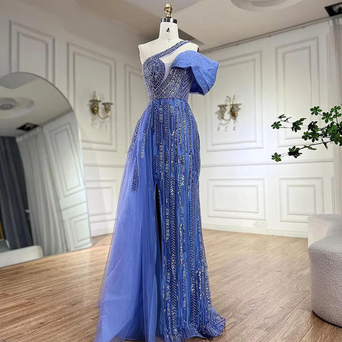 2025 Arabic Fuchsia One Shoulder Blue Beaded Luxury Dubai Evening Gowns with Side Skirt for Women's Party LA72664