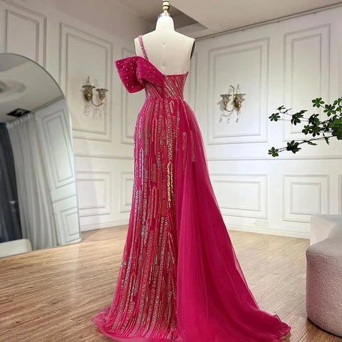 2025 Arabic Fuchsia One Shoulder Blue Beaded Luxury Dubai Evening Gowns with Side Skirt for Women's Party LA72664