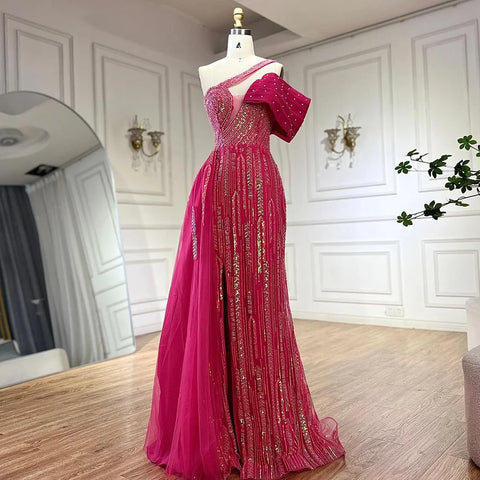 2025 Arabic Fuchsia One Shoulder Blue Beaded Luxury Dubai Evening Gowns with Side Skirt for Women's Party LA72664