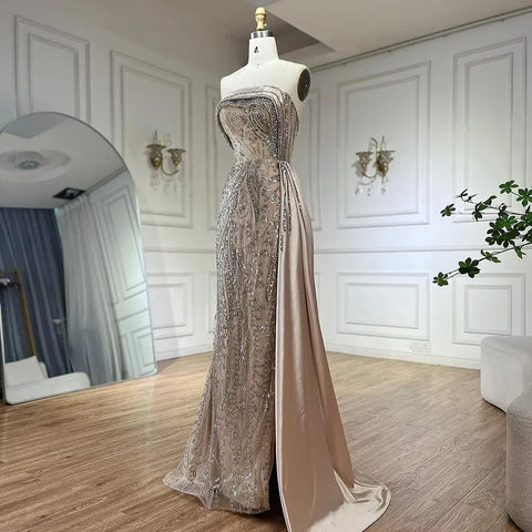 2025 Arabic Nude Strapless Satin Mermaid Beaded Luxury Dubai Evening Gown with Side Skirt for Women's Party LA72665