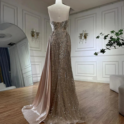 2025 Arabic Nude Strapless Satin Mermaid Beaded Luxury Dubai Evening Gown with Side Skirt for Women's Party LA72665