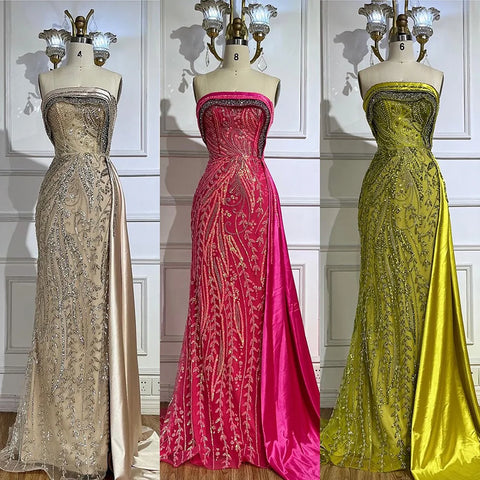 2025 Arabic Nude Strapless Satin Mermaid Beaded Luxury Dubai Evening Gown with Side Skirt for Women's Party LA72665