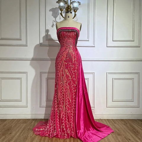 2025 Arabic Nude Strapless Satin Mermaid Beaded Luxury Dubai Evening Gown with Side Skirt for Women's Party LA72665