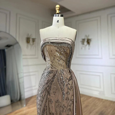 2025 Arabic Nude Strapless Satin Mermaid Beaded Luxury Dubai Evening Gown with Side Skirt for Women's Party LA72665