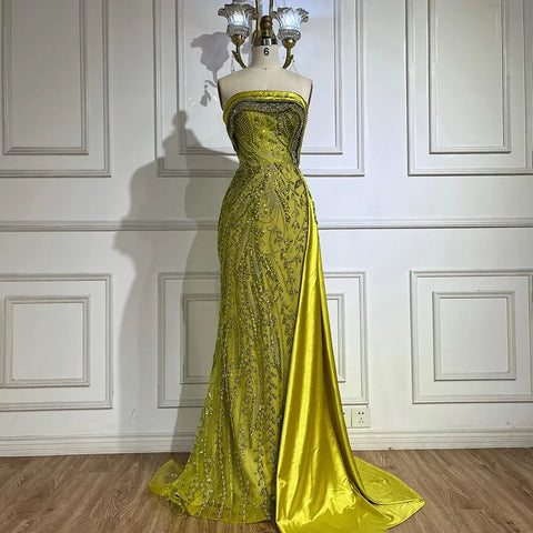 2025 Arabic Nude Strapless Satin Mermaid Beaded Luxury Dubai Evening Gown with Side Skirt for Women's Party LA72665