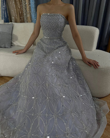 2025 Arabic Gray A Line Elegant Strapless Beaded Long Evening Dresses Gowns for Formal Occasion LA72755