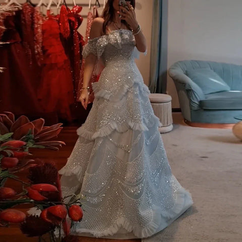 Luxury Silver Gray Off Shoulder Dubai Evening Dress LA72762