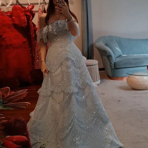 Luxury Silver Gray Off Shoulder Dubai Evening Dress LA72762