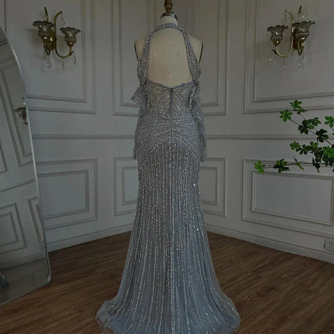 2025 Arabic Gray Decorative Halter Mermaid Luxury Dubai Evening Gown Beaded Dress for Women's Party LA72651
