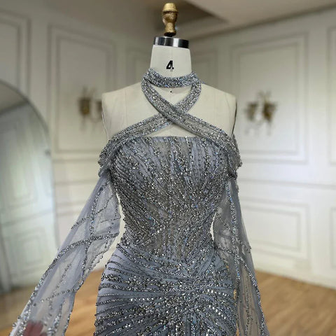 2025 Arabic Gray Decorative Halter Mermaid Luxury Dubai Evening Gown Beaded Dress for Women's Party LA72651