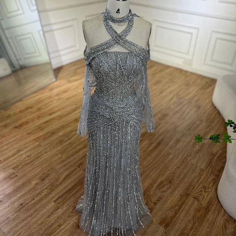 2025 Arabic Gray Decorative Halter Mermaid Luxury Dubai Evening Gown Beaded Dress for Women's Party LA72651