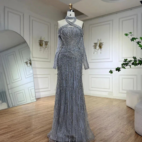 2025 Arabic Gray Decorative Halter Mermaid Luxury Dubai Evening Gown Beaded Dress for Women's Party LA72651