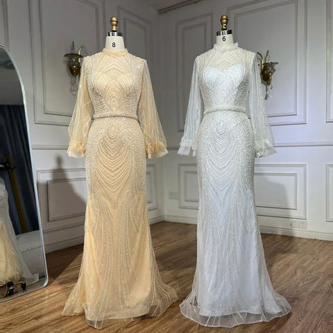 2025 Arabic Gray High Neck Mermaid Evening Gowns with Long Sleeves and Beading for Women Party LA71690A