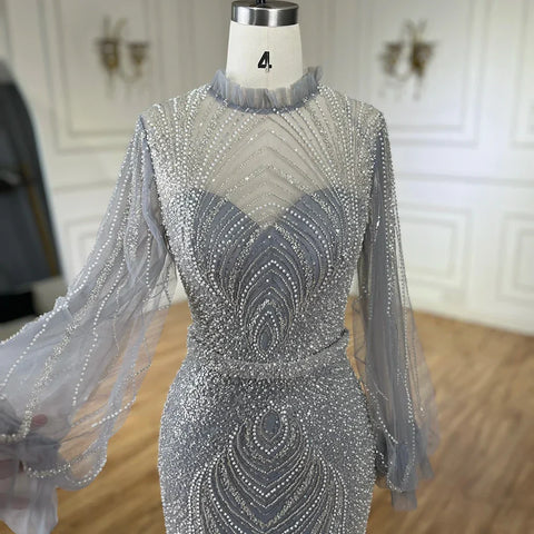 2025 Arabic Gray High Neck Mermaid Evening Gowns with Long Sleeves and Beading for Women Party LA71690A