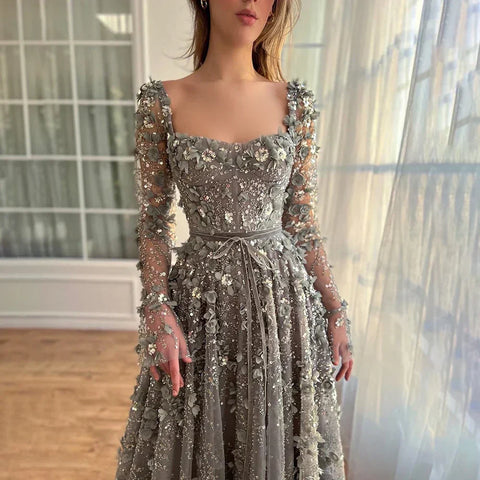 Arabic Gray A Line Elegant Appliques Luxury Beaded Evening Gowns for Women Wedding Party LA72657