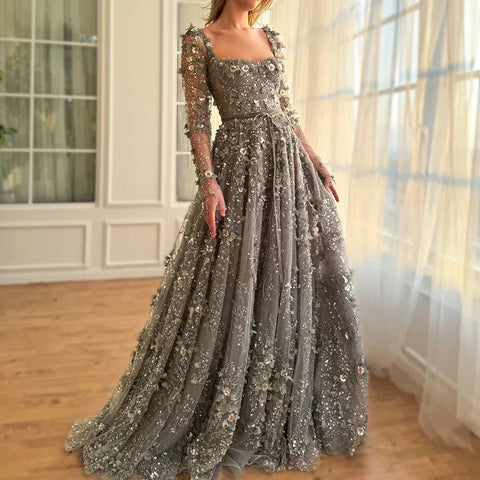 Arabic Gray A Line Elegant Appliques Luxury Beaded Evening Gowns for Women Wedding Party LA72657