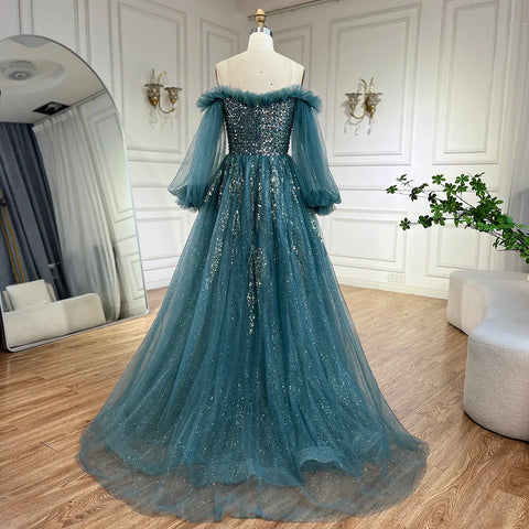 2025 Arabic Green A-Line Elegant Beaded Luxury Evening Gowns with Puff Sleeves for Women Party LA72655