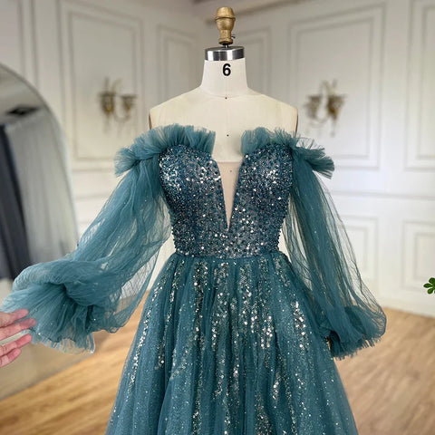 2025 Arabic Green A-Line Elegant Beaded Luxury Evening Gowns with Puff Sleeves for Women Party LA72655