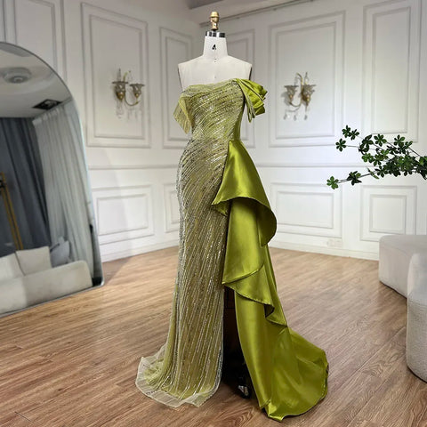 2025 Arabic Green Mermaid Overskirt Luxury Beaded Long Evening Gowns with Split for Women Wedding Party LA72633