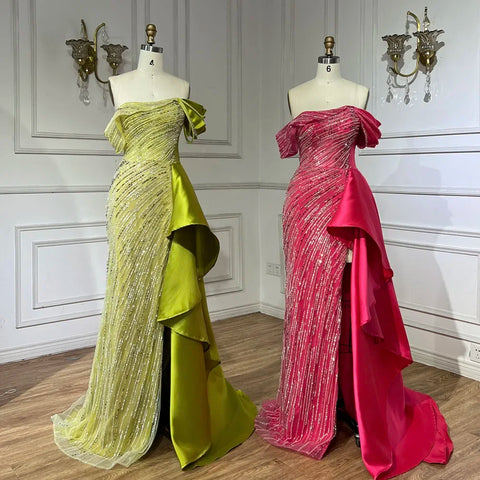 2025 Arabic Green Mermaid Overskirt Luxury Beaded Long Evening Gowns with Split for Women Wedding Party LA72633