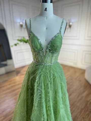 2025 Arabic Sage Green Elegant Spaghetti Strap Backless A-Line Prom Dress for Women | Wedding Party LA72636