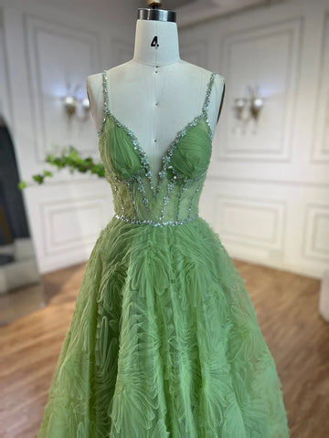 2025 Arabic Sage Green Elegant Spaghetti Strap Backless A-Line Prom Dress for Women | Wedding Party LA72636