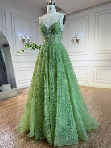 2025 Arabic Sage Green Elegant Spaghetti Strap Backless A-Line Prom Dress for Women | Wedding Party LA72636