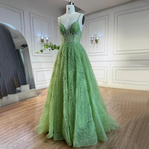 2025 Arabic Sage Green Elegant Spaghetti Strap Backless A-Line Prom Dress for Women | Wedding Party LA72636