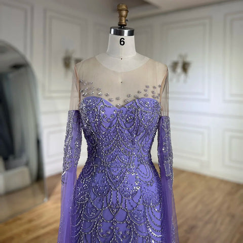 2025 Arabic Lilac Cape Sleeves Mermaid Luxury Dubai Evening Gown Beaded Dress for Women's Party LA72616