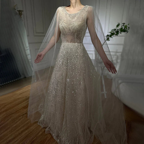 2025 Arabic Lilac Elegant A-Line Beaded Long Evening Dresses Gowns with Cape Sleeves for Formal Occasion LA72744