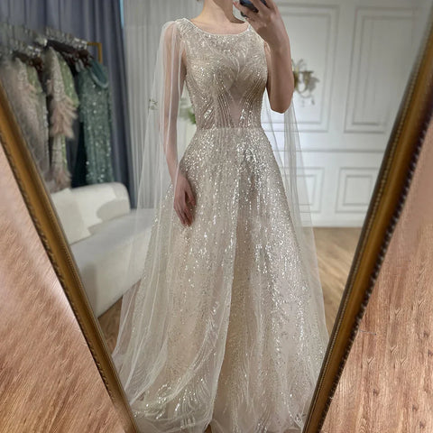 2025 Arabic Lilac Elegant A-Line Beaded Long Evening Dresses Gowns with Cape Sleeves for Formal Occasion LA72744