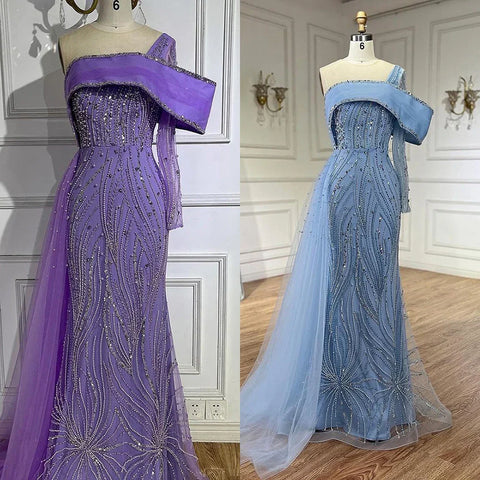 2025 Arabic Lilac Evening Dress Side Train Pearls One Shoulder for Women's Formal  Wedding Party Gowns LA72332
