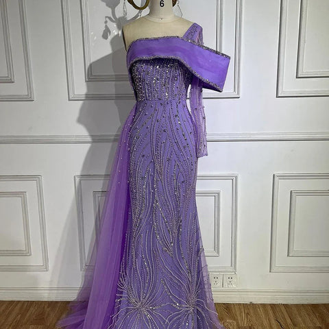 2025 Arabic Lilac Evening Dress Side Train Pearls One Shoulder for Women's Formal  Wedding Party Gowns LA72332
