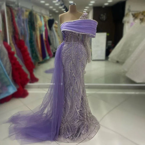 2025 Arabic Lilac Evening Dress Side Train Pearls One Shoulder for Women's Formal  Wedding Party Gowns LA72332