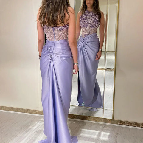 2025 Arabic Lilac Halter Neck Side Split Mermaid Luxury Dubai Evening Gown Beaded Dress for Women's Party LA72668