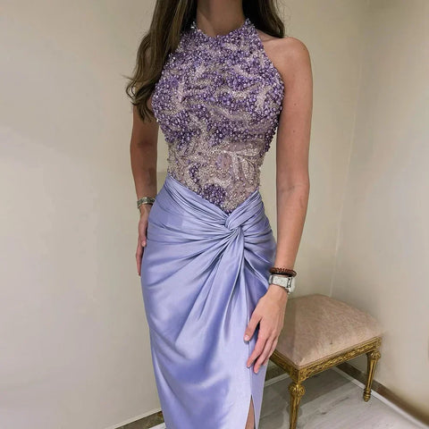 2025 Arabic Lilac Halter Neck Side Split Mermaid Luxury Dubai Evening Gown Beaded Dress for Women's Party LA72668