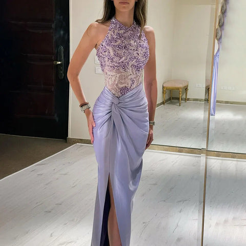 2025 Arabic Lilac Halter Neck Side Split Mermaid Luxury Dubai Evening Gown Beaded Dress for Women's Party LA72668