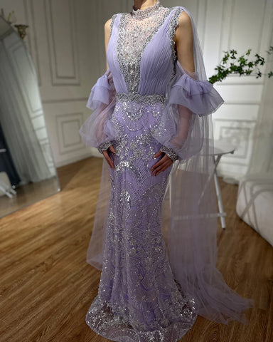 2025 Arabic Lilac Mermaid Puffy Sleeves Sparkling Beaded Long Evening Dresses Gowns for Formal Occasion LA72745