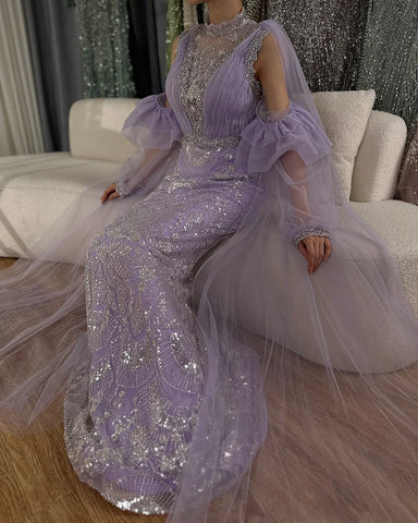 2025 Arabic Lilac Mermaid Puffy Sleeves Sparkling Beaded Long Evening Dresses Gowns for Formal Occasion LA72745