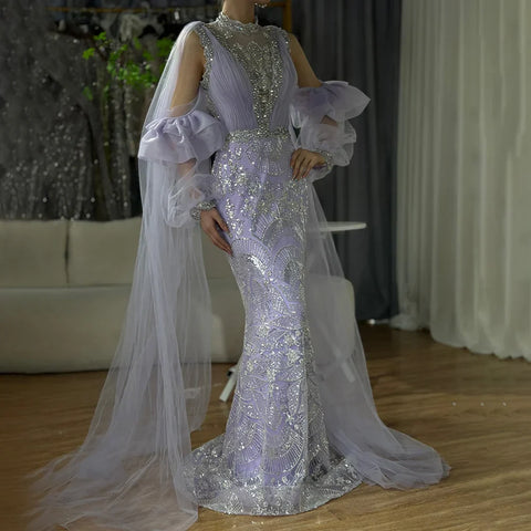 2025 Arabic Lilac Mermaid Puffy Sleeves Sparkling Beaded Long Evening Dresses Gowns for Formal Occasion LA72745
