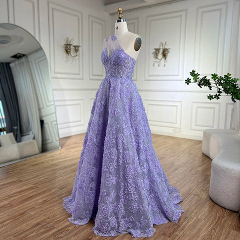 2025 Arabic Lilac One-Shoulder A-Line Lace Appliques Luxury Prom Dress for Formal Occasion LA72619