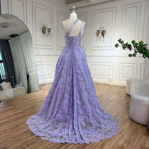 2025 Arabic Lilac One-Shoulder A-Line Lace Appliques Luxury Prom Dress for Formal Occasion LA72619
