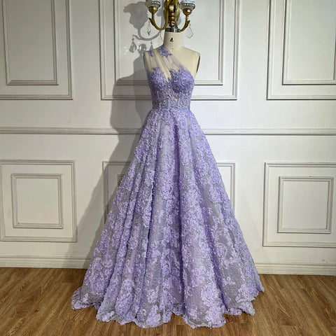 2025 Arabic Lilac One-Shoulder A-Line Lace Appliques Luxury Prom Dress for Formal Occasion LA72619