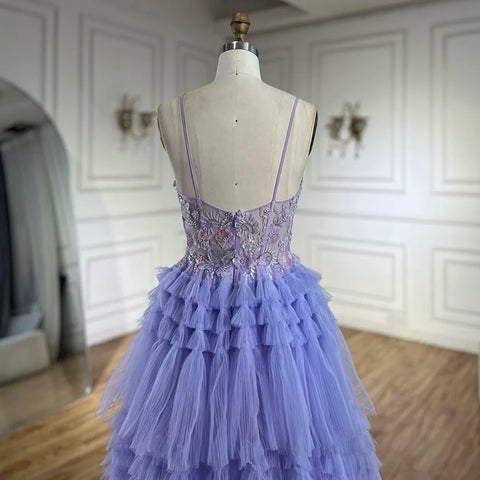 2025 Arabic Lilac Spaghetti Strap Tiered A-Line Lace Appliques Luxury Evening Gown for Women's Party LA72618