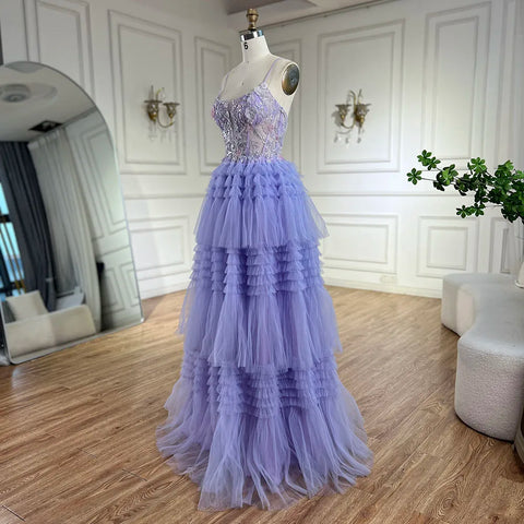 2025 Arabic Lilac Spaghetti Strap Tiered A-Line Lace Appliques Luxury Evening Gown for Women's Party LA72618