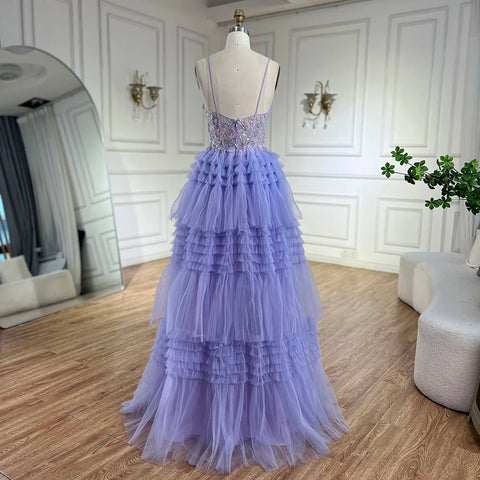 2025 Arabic Lilac Spaghetti Strap Tiered A-Line Lace Appliques Luxury Evening Gown for Women's Party LA72618
