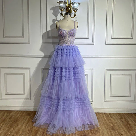 2025 Arabic Lilac Spaghetti Strap Tiered A-Line Lace Appliques Luxury Evening Gown for Women's Party LA72618