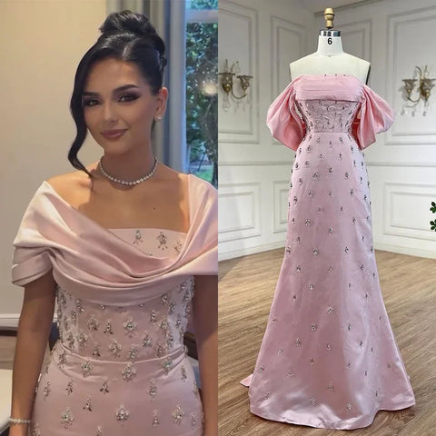 Luxury Baby Pink Off Shoulder Evening Dress for Women Party LA72414