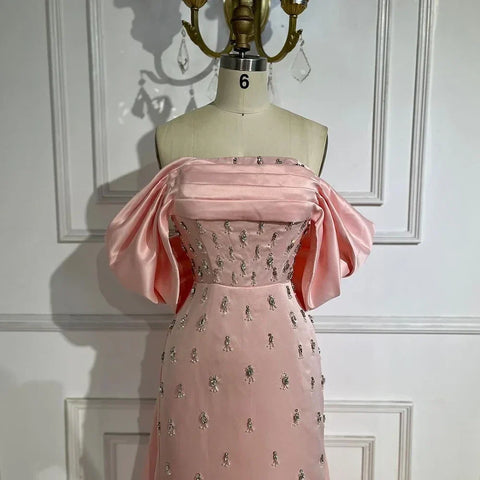 Luxury Baby Pink Off Shoulder Evening Dress for Women Party LA72414