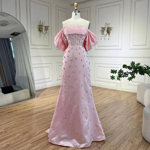 Luxury Baby Pink Off Shoulder Evening Dress for Women Party LA72414